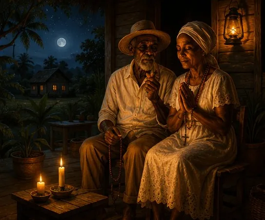 Pretos Velhos em oração à noite, à luz de vela
